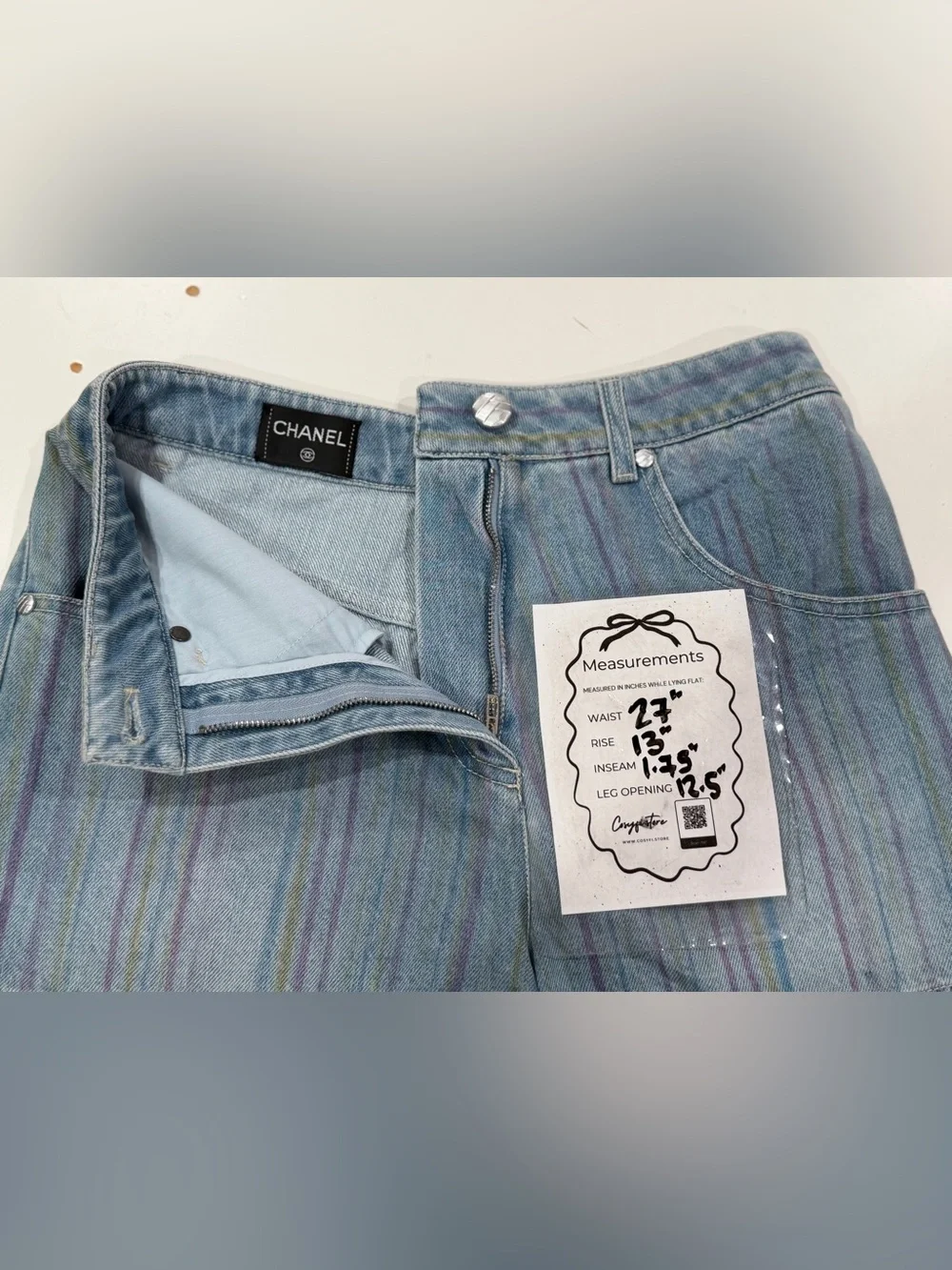 CHANEL Rainbow Pinstripe Denim Shorts Blue High Waisted CC Logo Size 27 US